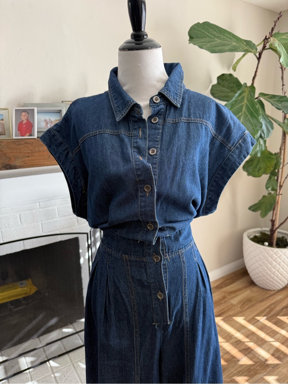 Women’s Dark Blue Denim Button-Front Jumpsuit
